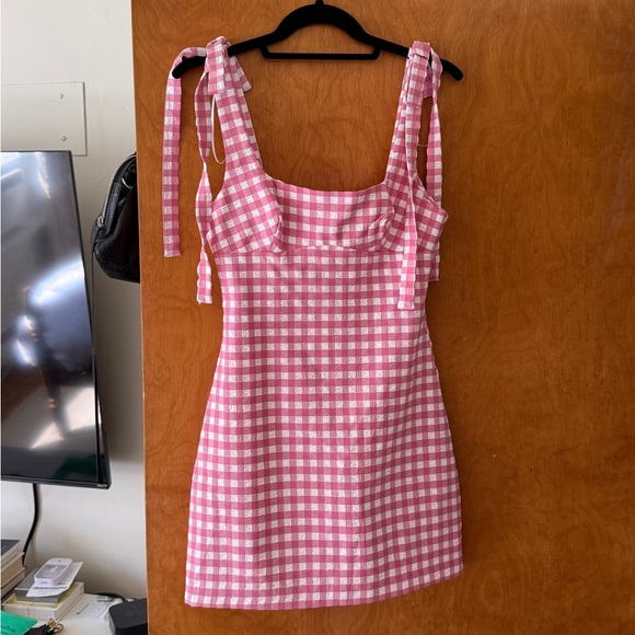 Zara Dresses & Skirts - Zara Pink and White Gingham Tie-Shoulder Mini Dress